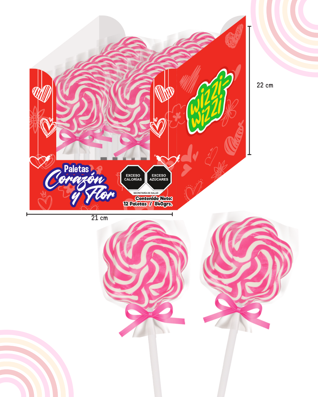 Paleta Flor Display 12 piezas San Valentin colores