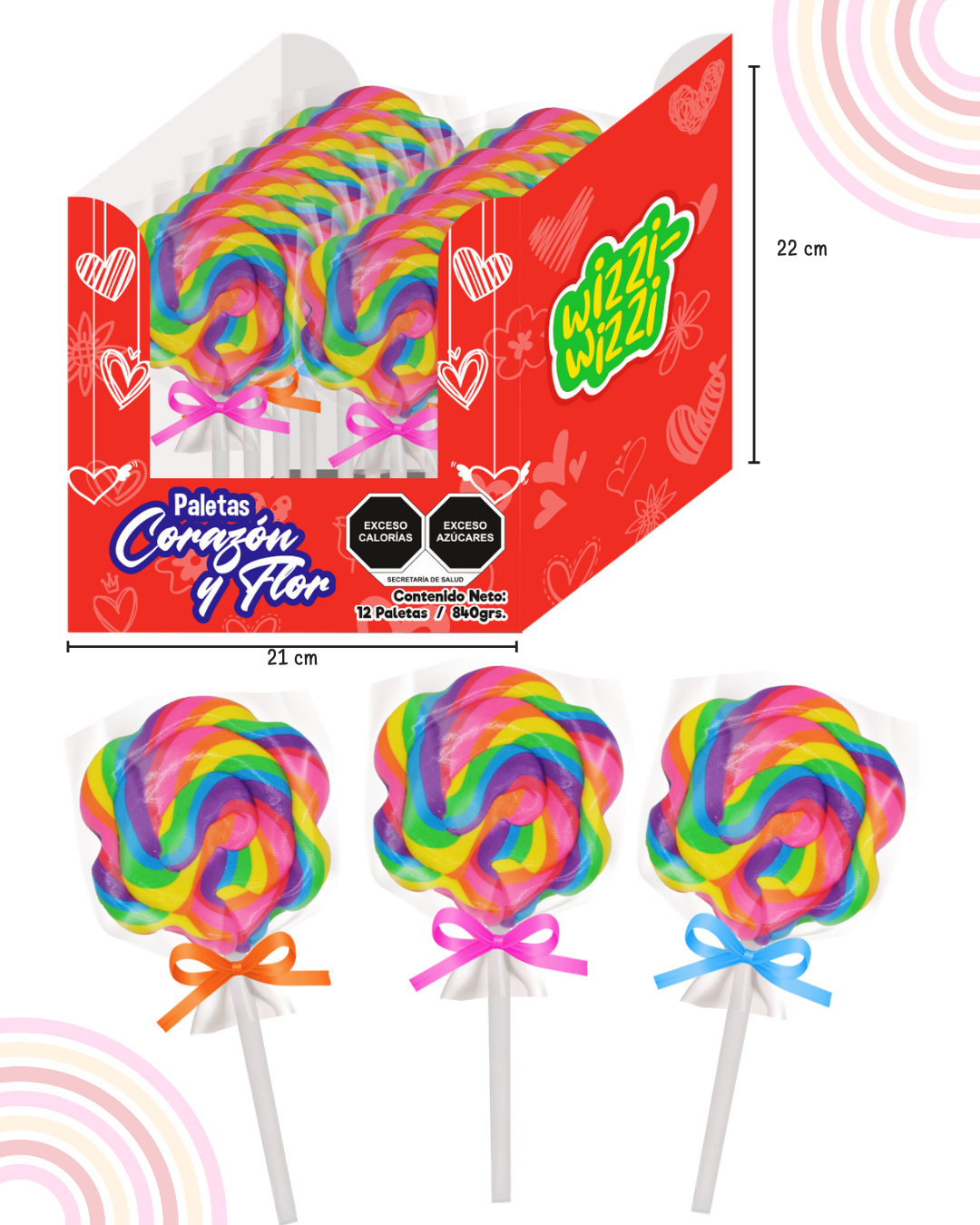 Paleta Flor Display 12 piezas San Valentin colores