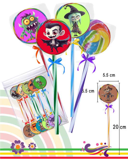 Paleta Raqueta con calcomania de monstruos fiesta Halloween 10pz
