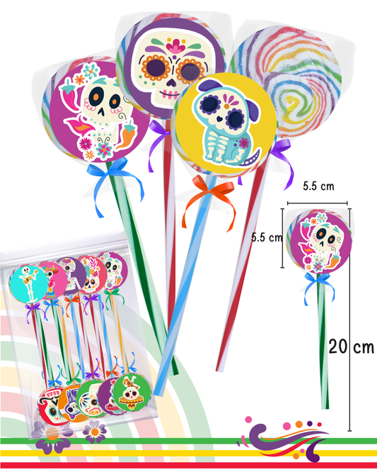 Paleta Raqueta con Calcomania día de muertos 10 piezas fiesta Halloween