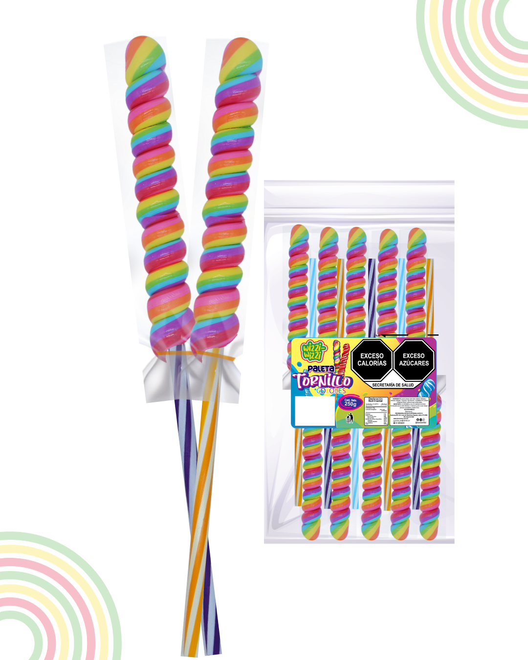 Paleta Tornillo grande 10pz colores fiestas