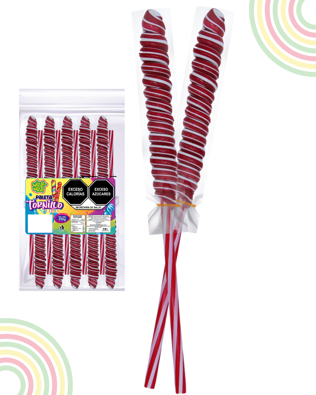 Paleta Tornillo grande 10pz colores fiestas