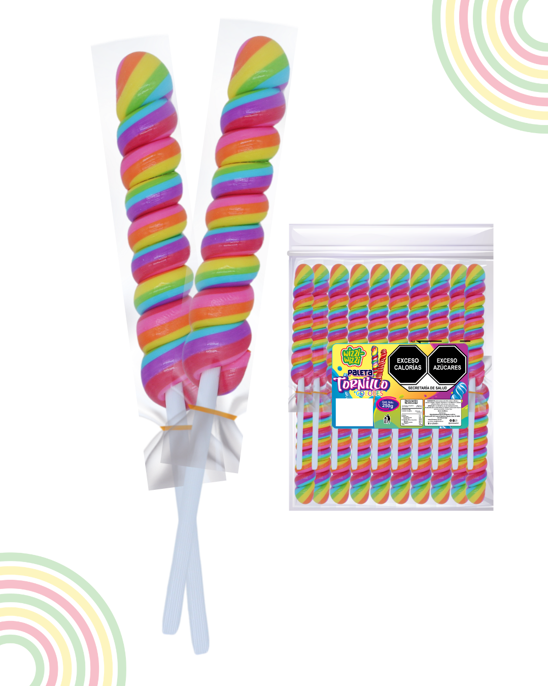Paleta Tornillo mediano 20piezas bolsa colores fiesta