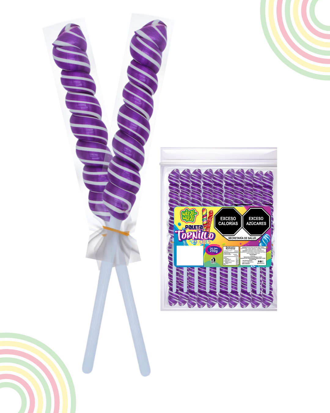 Paleta Tornillo mediano 20piezas bolsa colores fiesta