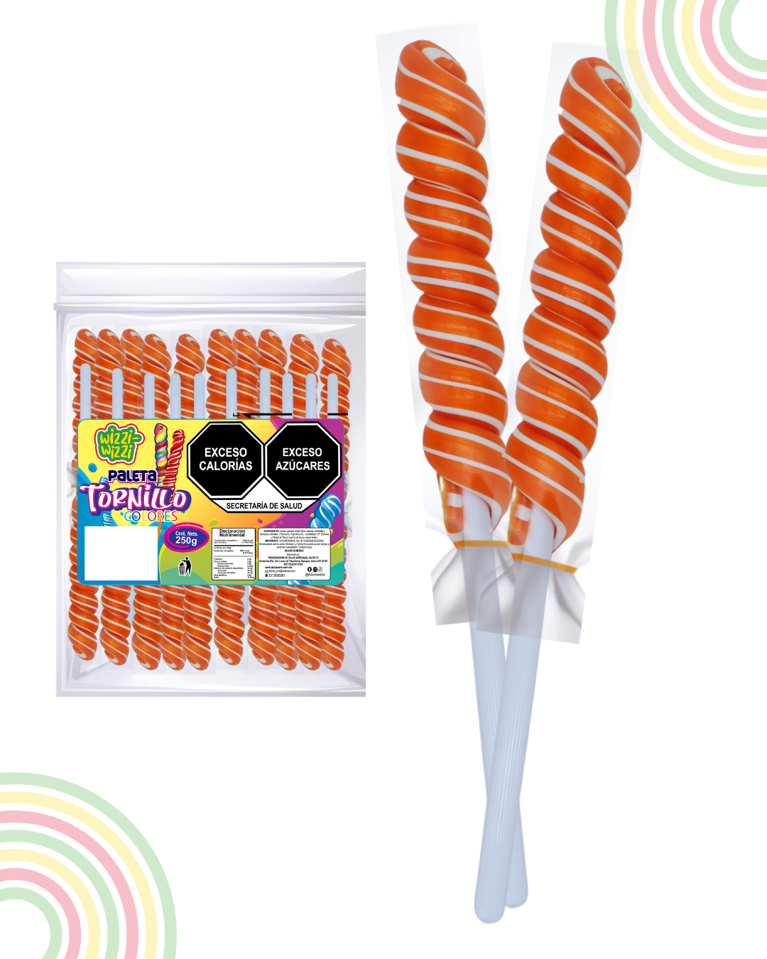 Paleta Tornillo mediano 20piezas bolsa colores fiesta