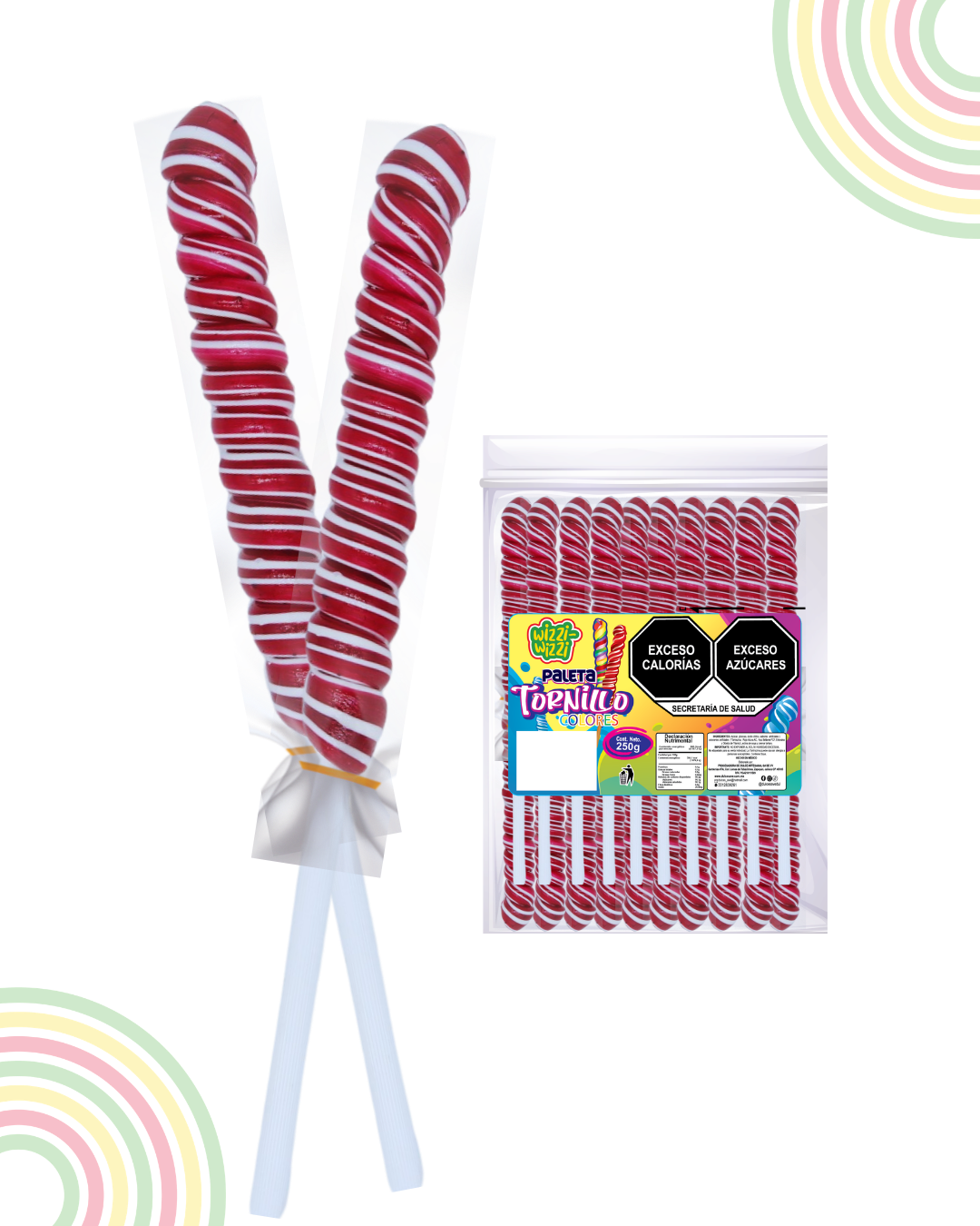 Paleta Tornillo mediano 20piezas bolsa colores fiesta