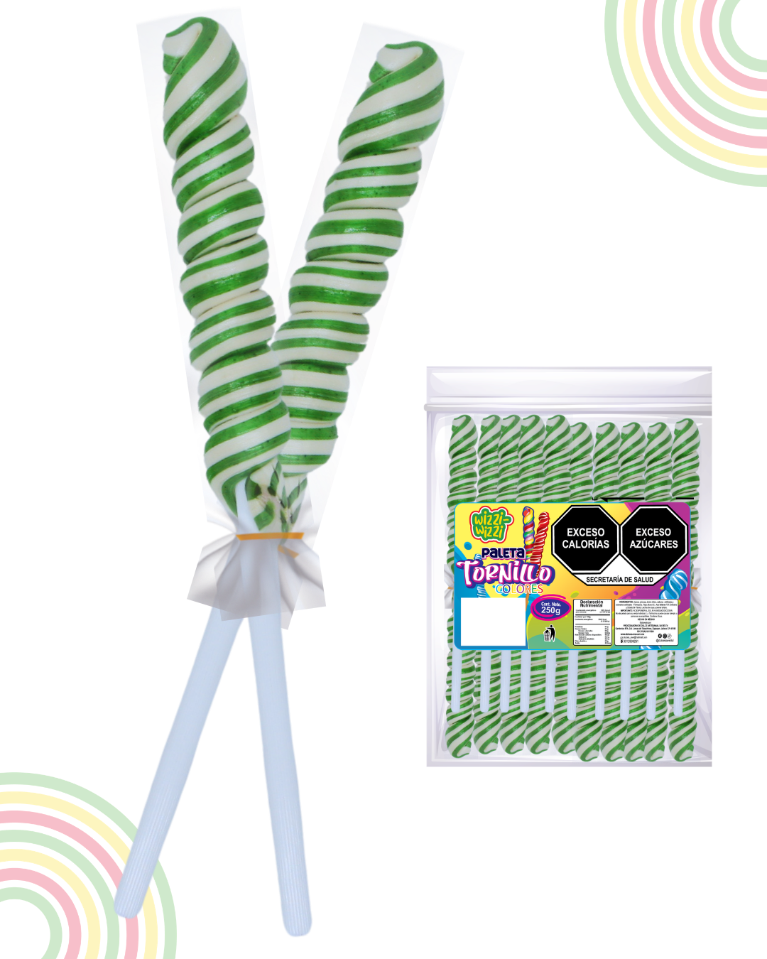Paleta Tornillo mediano 20piezas bolsa colores fiesta